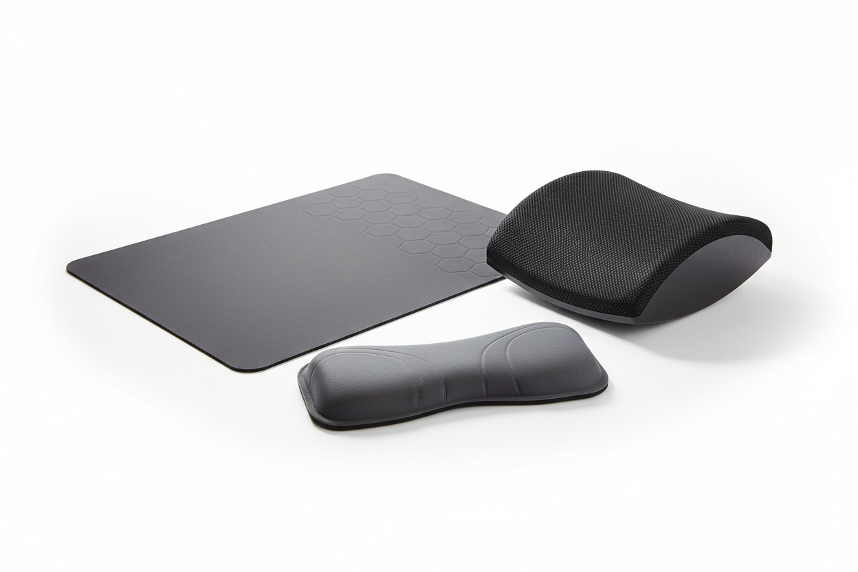 Ergonomic office accessory collection on white background, wrist rest pad, large mousepad, footrest, arranged in a clean composition, studio product photography, soft shadows, professional e-commerce style