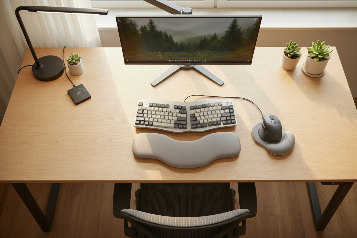 setup de bureau ergonomique avec repose poignet